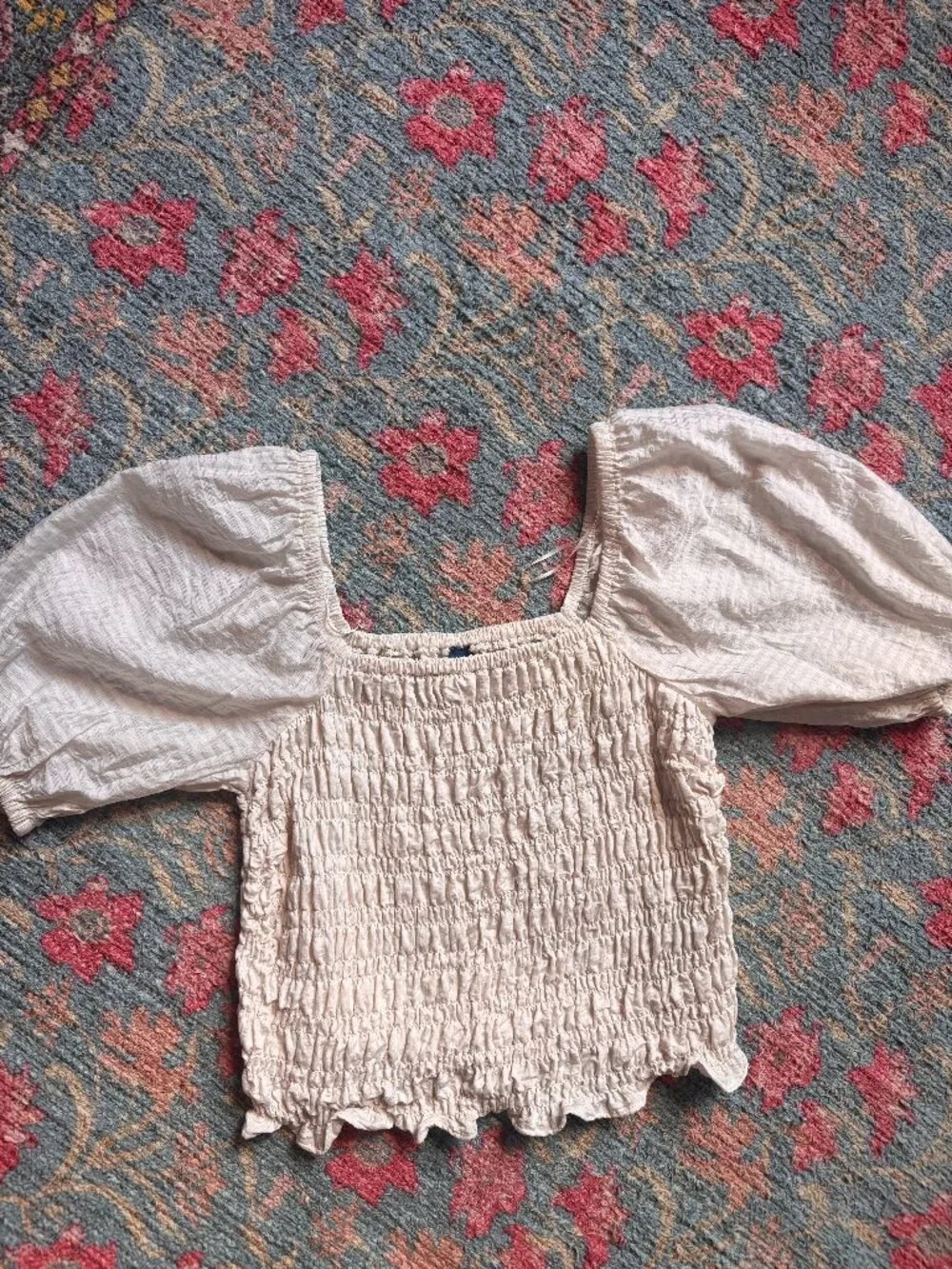 Cream smocked puff sleeve square neck top